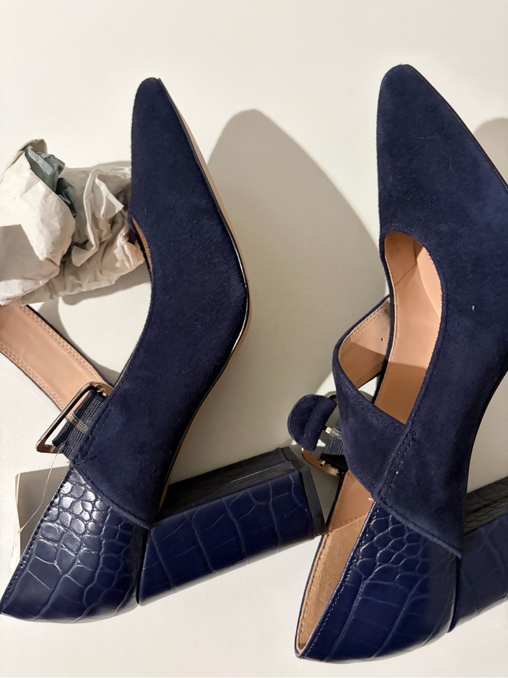 Tommy Hilfiger Navy Suede Pointed with Croc-Embossed Block Heel